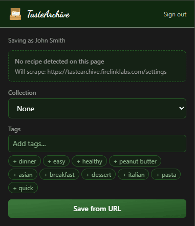 Extension — Save recipe with tags