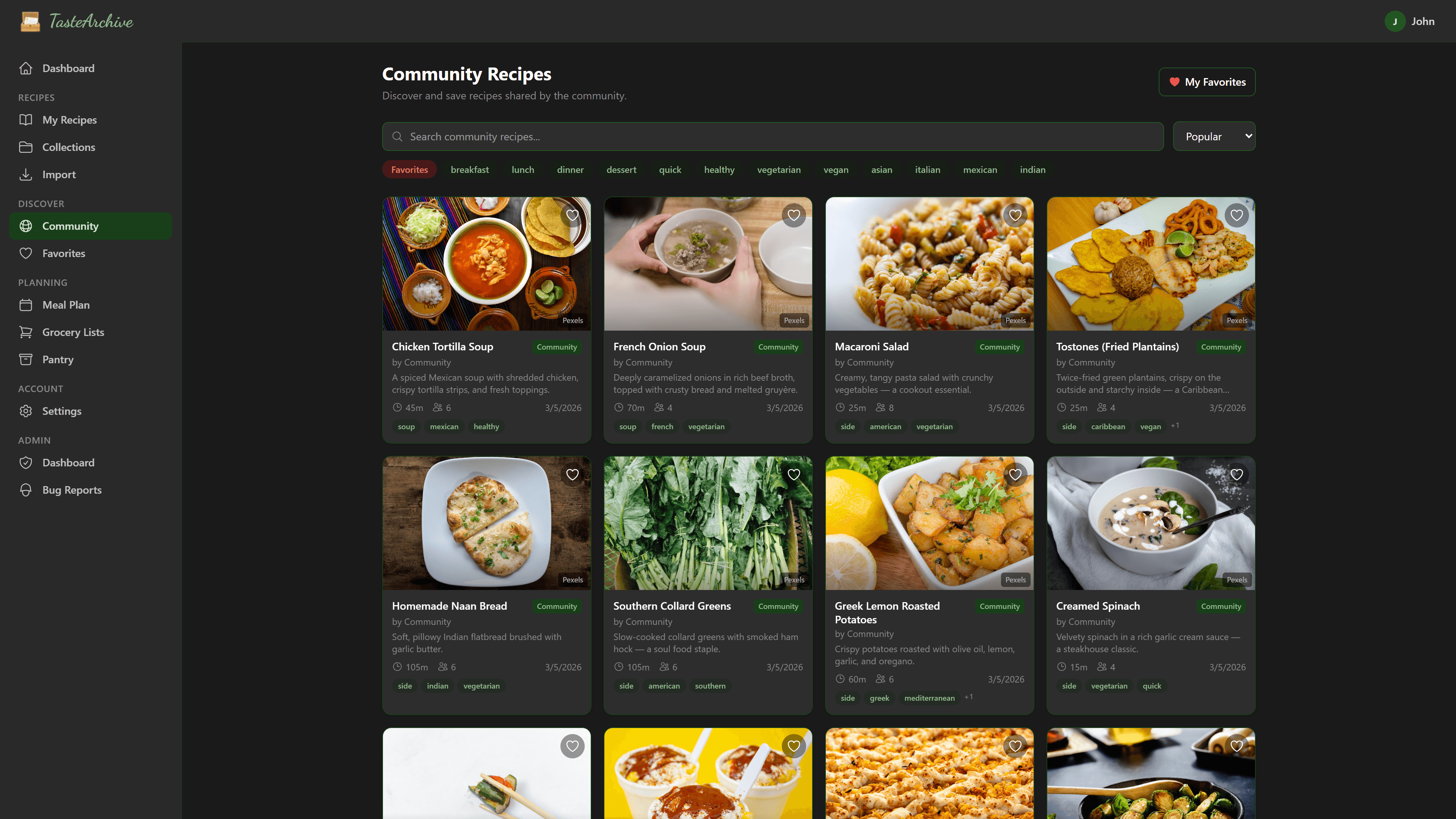 TasteArchive web app — Community Recipes